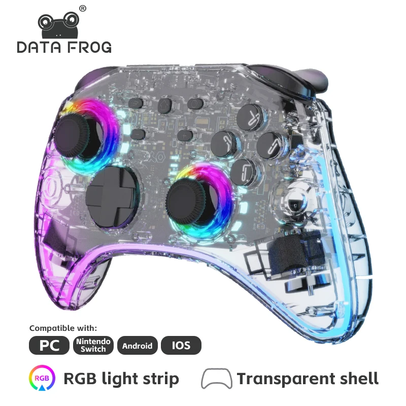 Gaming Console Bluetooth - DATA FROG คอนโทรลเลอร์เกมแบบพกพาโปร่งใสไร้สาย RGB LED เกมแพดหลายแพลตฟอร์มสำหรับสวิตช์
